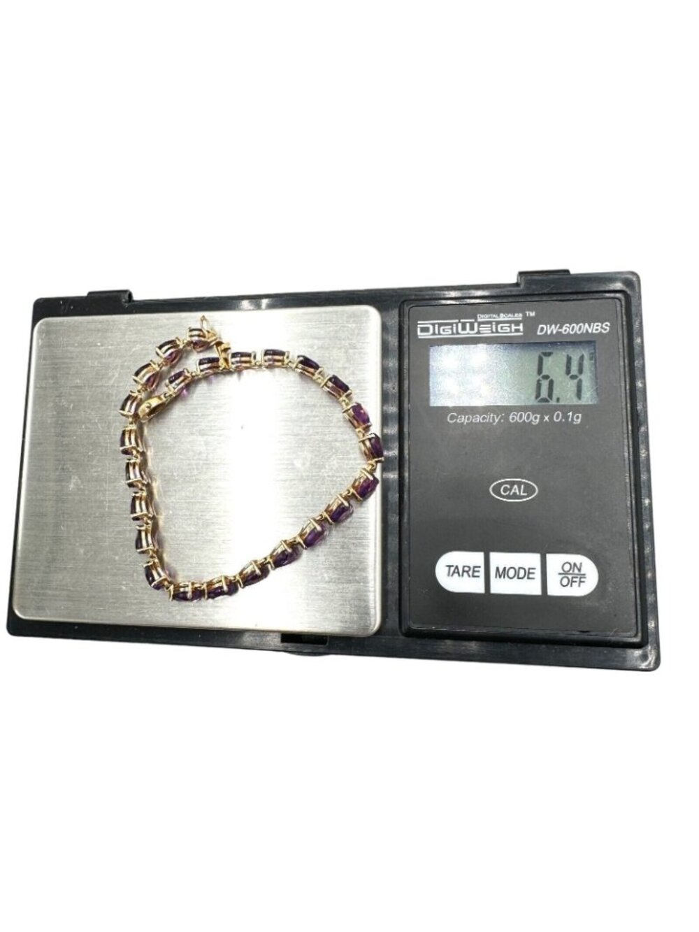 14K Gold Purple Amethyst Braceket Heart Stones Tennis Style 6.5 inch - Picture 3 of 7